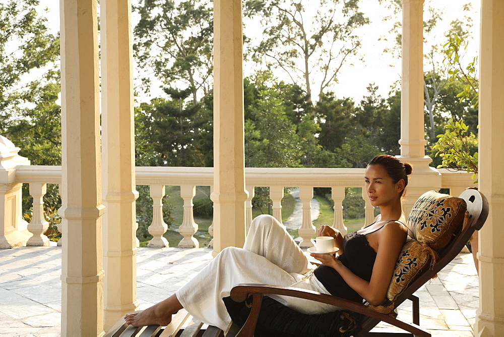 Girls on the Suite Terrace at Ananda in the Himalayas, India, Asia