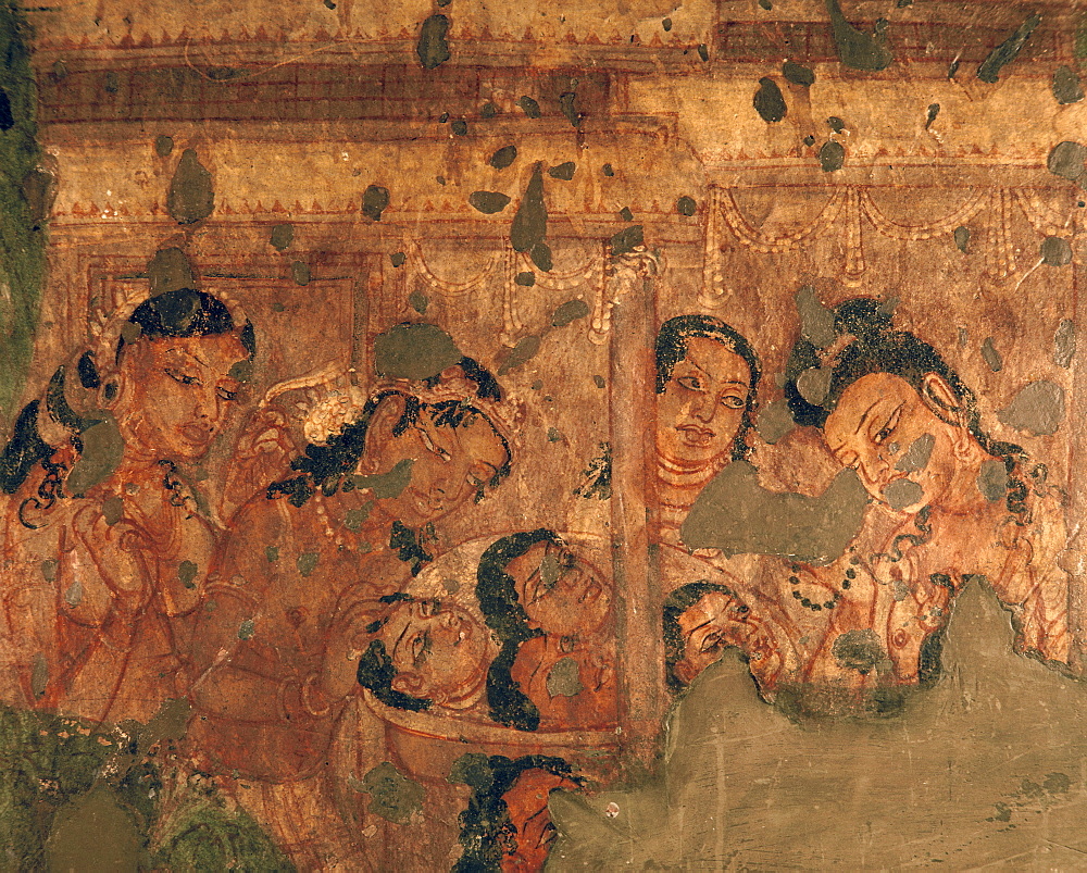 Detail of mural inside Cave 1, Ajanta, UNESCO World Heritage Site, Maharashtra, India, Asia