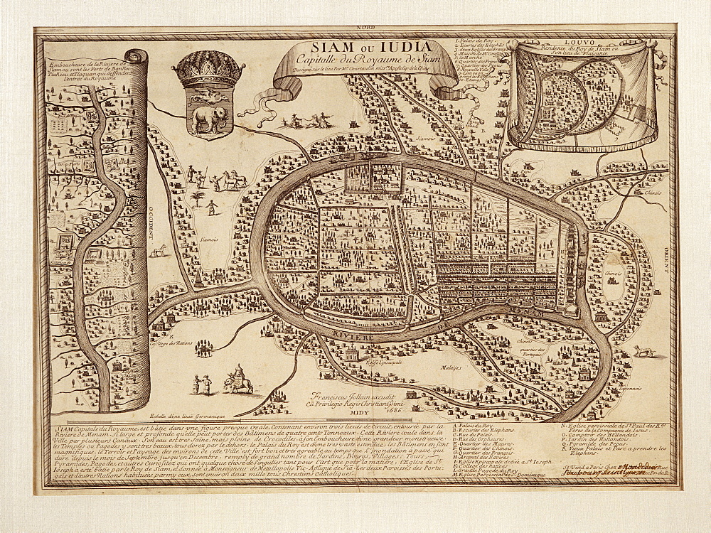 Old map of Ayutthaya dated 1686, Thailand, Southeast Asia, Asia