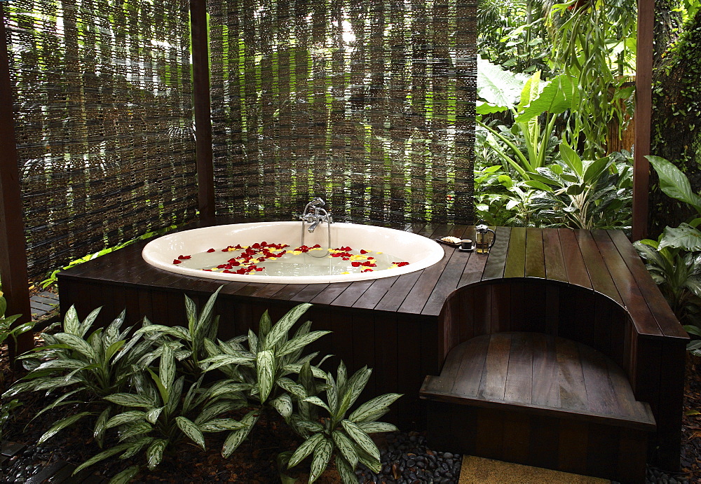 Outdoor bath and garden at Aramsa Spa in Singapore, Southeast Asia, Asia