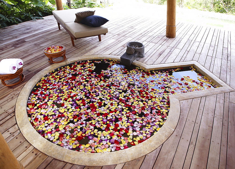 Hot spring pool with flowers at Brilliant Spa and Resort in Kunming, China, Asia