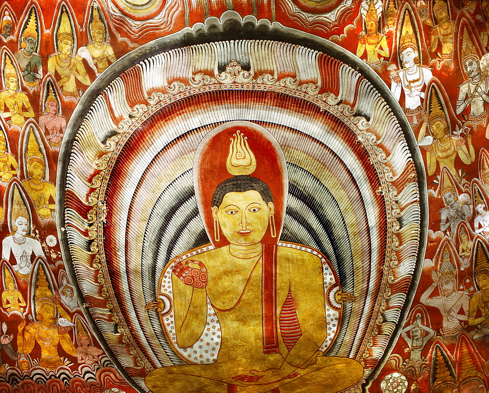 Painting inside Buddhist cave temple of Dambulla, UNESCO World Heritage Site, Sri Lanka, Asia