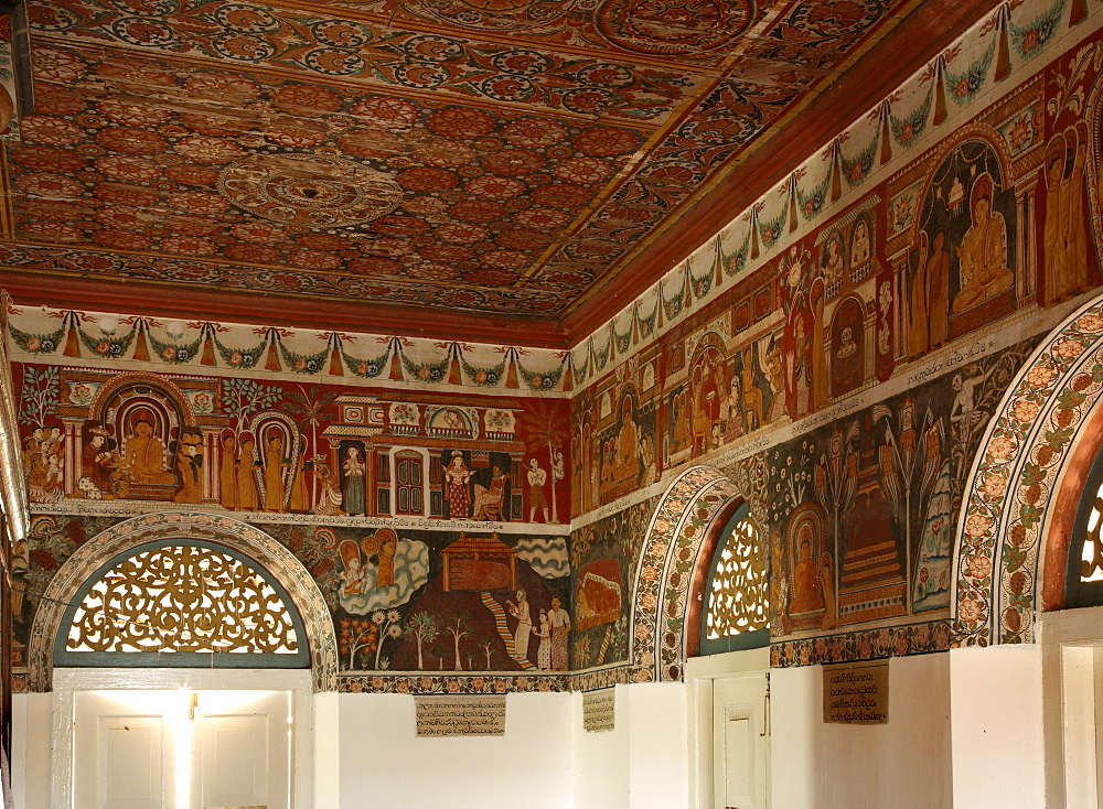 Image House, contains strip cartoon murals of the Jataka stories around the outer wall of the inner shrine, Subodharama Temple, dating from the mid 19th century, Dehiwala, Colombo, Sri Lanka, Asia