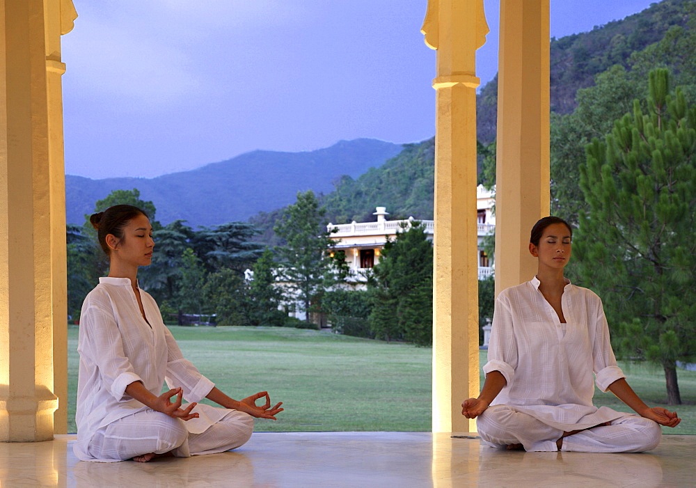 Meditation at the pavilion at Ananda in the Himalayas, India, Asia