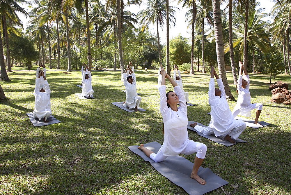 Group yoga session on the lawn at the Shreyas Retreat 