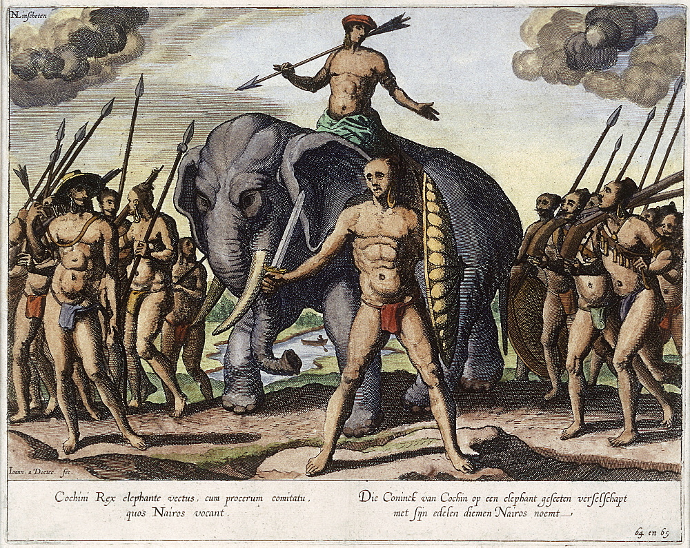 llustration of the King of Cochin, from the Itinerario of Jan Huygen van Linschoten, the 16th century Dutch traveller credited with stealing the Portuguese navigation secret and opening the Eastern route to Dutch and British ships, India, Asia