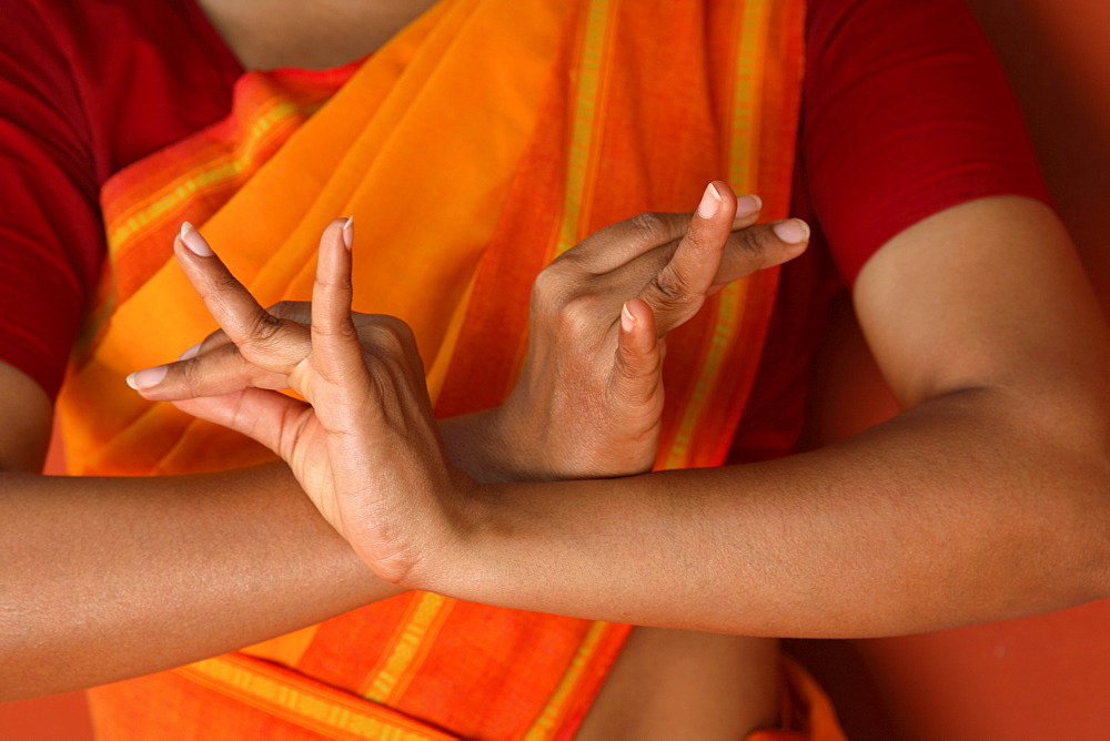 Close up of two Hansasya hand moves, Odissi dance, India, Asia