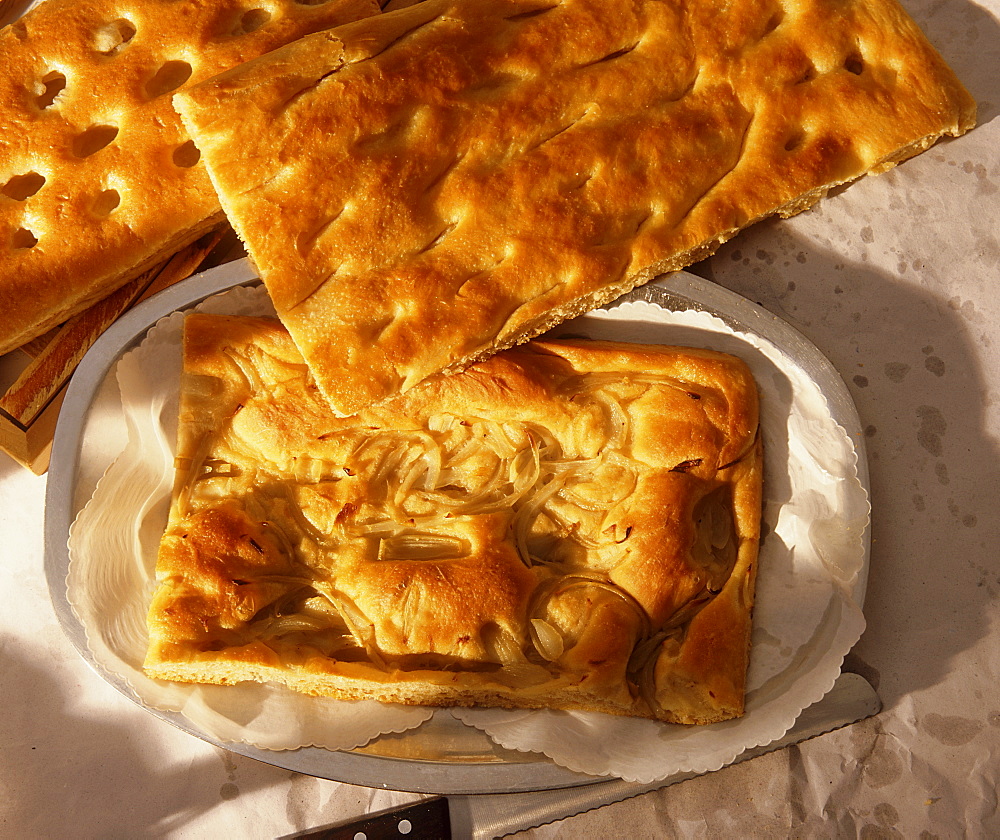 Focaccia bread and onion focaccia, typical of Genoa, Italy, Europe