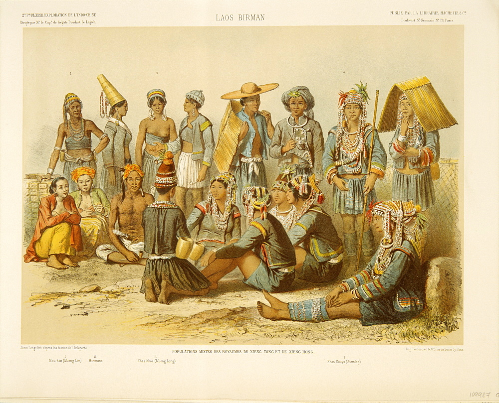 Hill tribes of Laos, mostly Akha and Hmong, depicted in Exploration de L'Indo-Chine by Delaporte, Laos, Indochina, Southeast Asia, Asia