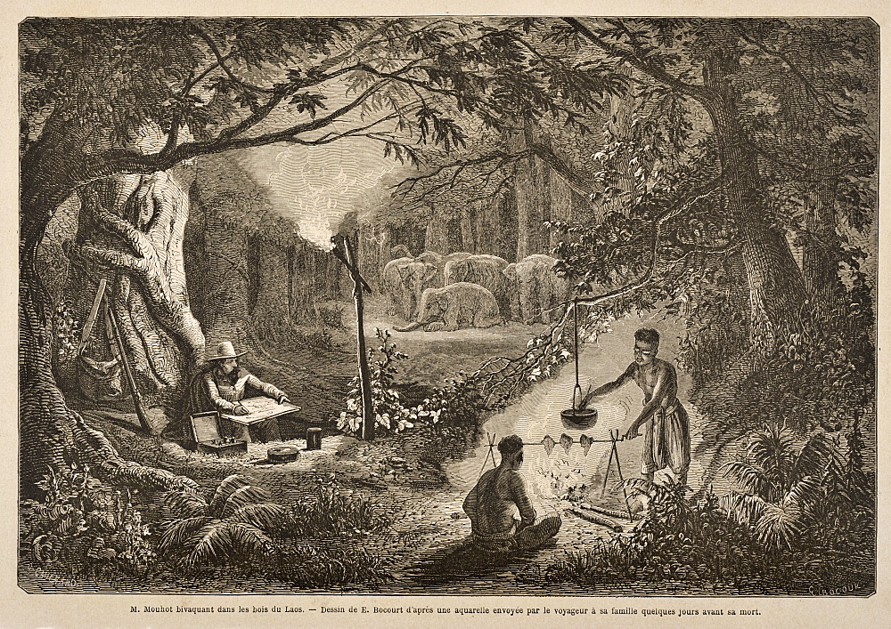 A 19th century engraving of the French explore Mouhot, the discoverer of Angkor, camping in the jungles, Laos, Indochina, Southeast Asia, Asia