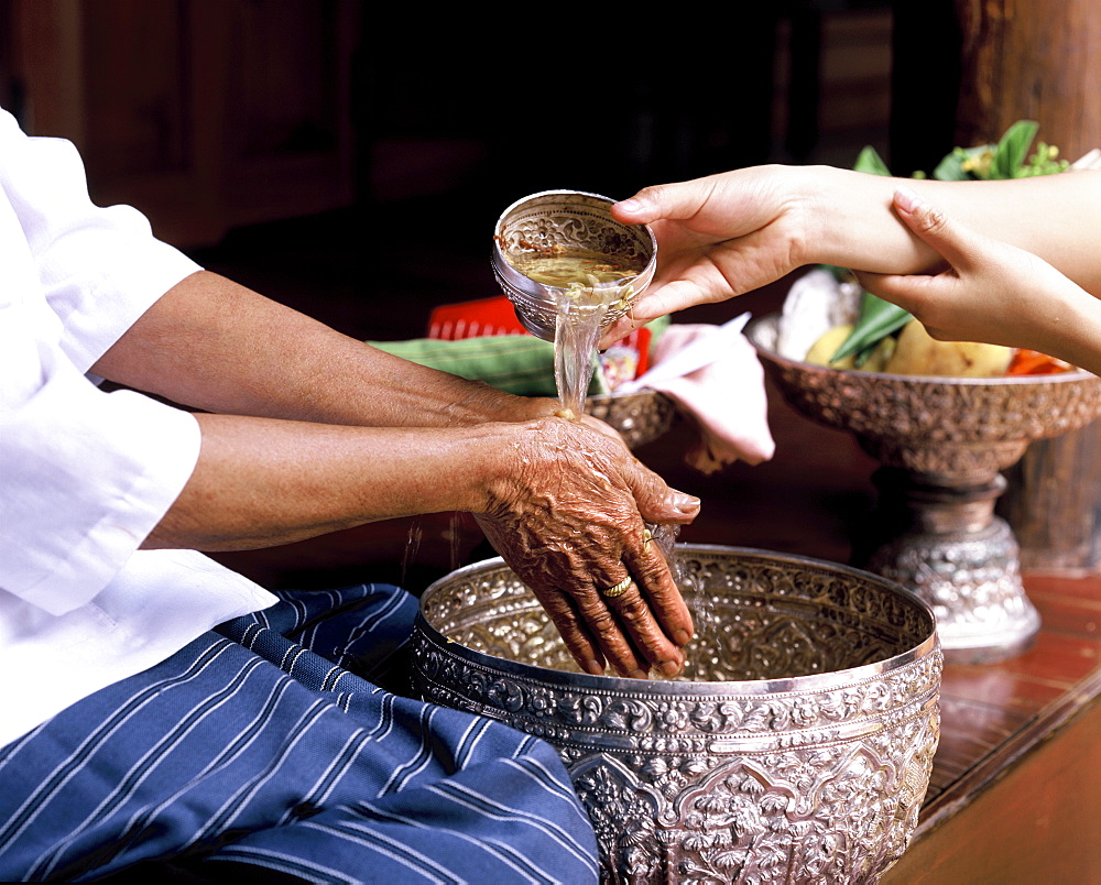 Thai New Year (Songkran), the ceremony of washing the hands of elderly people, Thailand, Southeast Asia, Asia