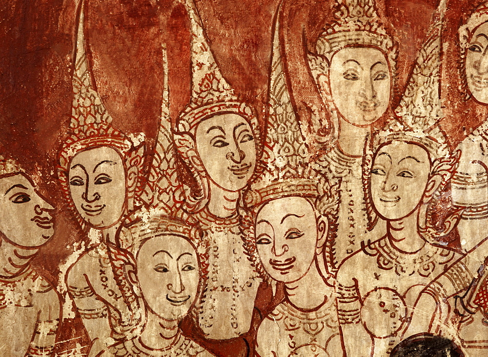 Celestial deities, detail of murals dating from the Ayutthaya period, Wat Chompoowek (Wat Chomphuwek), Nonthaburi, Thailand, Southeast Asia, Asia