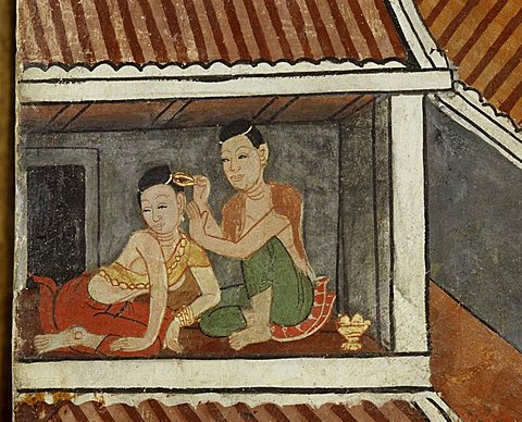 Mural showing women dressing at Wat Suthat in Bangkok, Thailand, Southeast Asia, Asia
