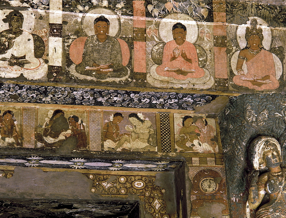 Detail of mural in Buddhist Cave No. 2, Ajanta, UNESCO World Heritage Site, Maharashtra, India, Asia