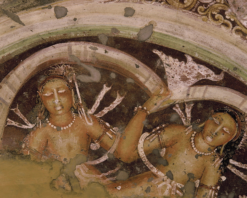 Detail of mural on ceiling inside Cave No.17, Ajanta, UNESCO World Heritage Site, Maharashtra, India, Asia