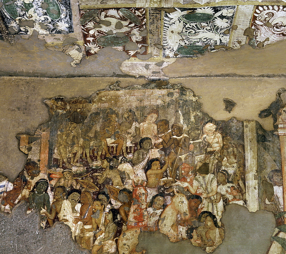 Detail of mural inside Cave No.17, Ajanta, UNESCO World Heritage Site, Maharashtra, India, Asia