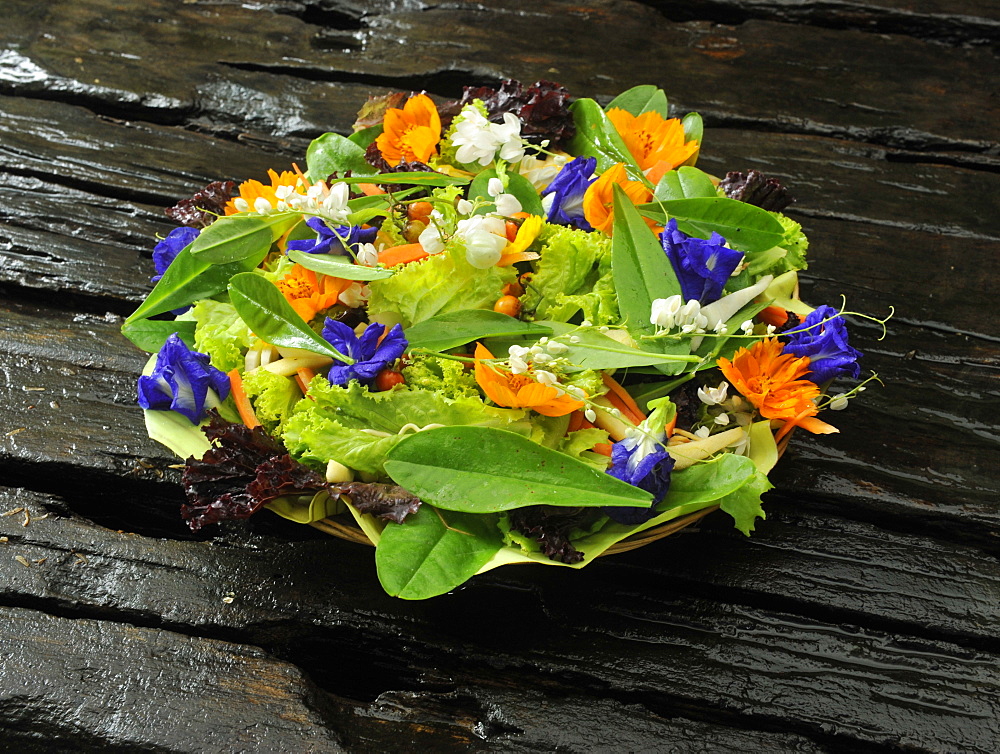 Fresh salad with edible flowers, Philippines, Southeast Asia, Asia