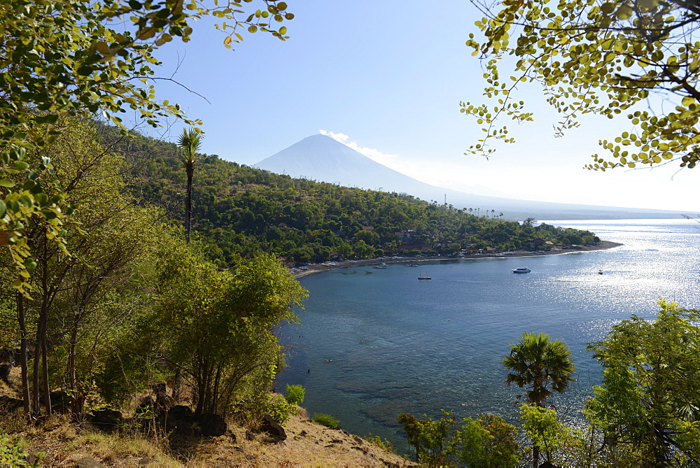 Amed, view of the coast and volcano of Gunung Agung, Bali, Indonesia, Southeast Asia, Asia 