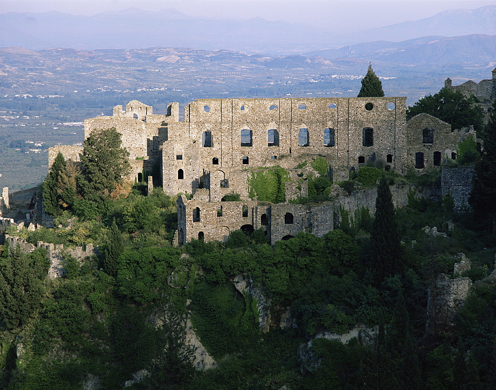 Palace of the Despots and the Plain of Sparta below, Mistra, Greece, Europe