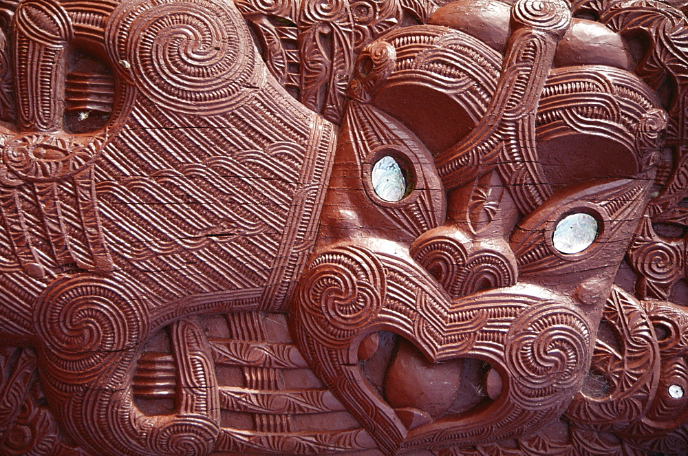 Close-up of Maori carving on Ohinemutu marae meeting house, Rotorua, South Auckland, North Island, New Zealand, Pacific