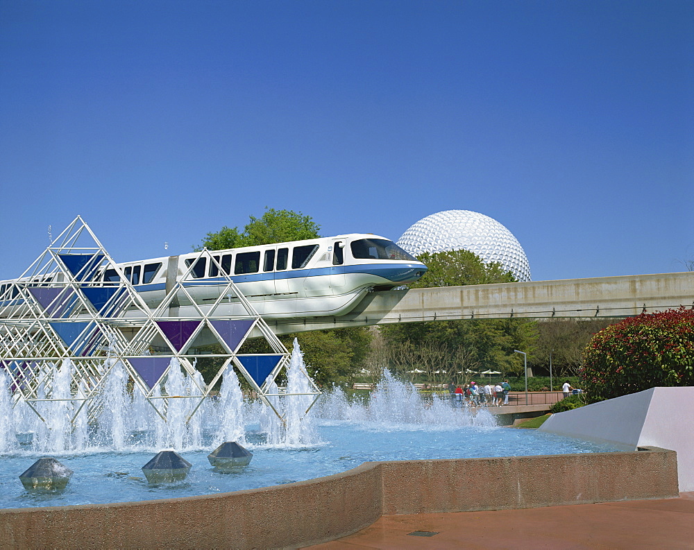 The Spaceship Earth Monorail, Journey into Imagination Fountain, and the geo-dome at the Epcot Centre, Orlando, Florida, United States of America, North America