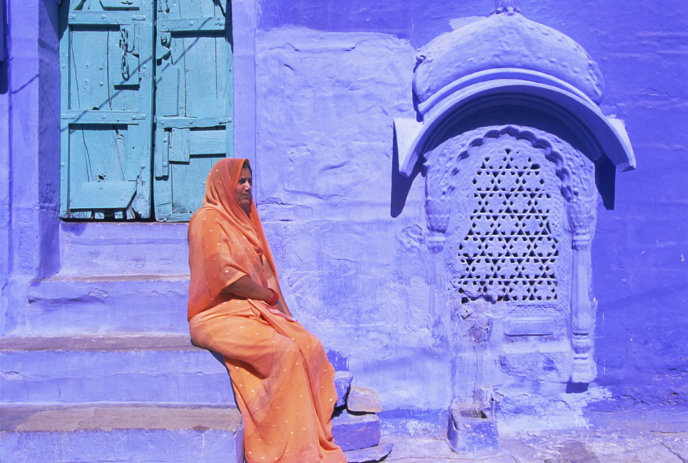 Portrait of a local woman in the 'Blue City', Jodhpur, Rajasthan State, India, Asia