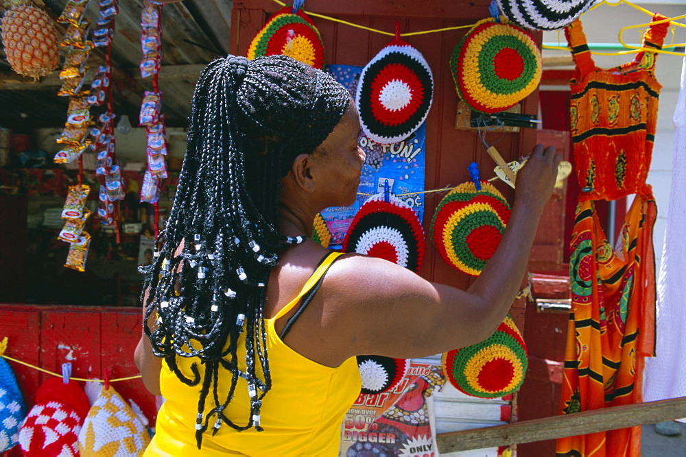 Rasta (Rastafarian) hats on display, Tobago, Trinidad and Tobago, West Indies, Caribbean, Central America