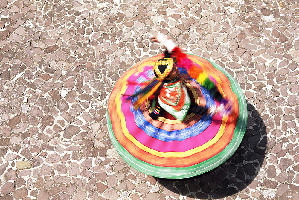 Overhead view of a Mestiza Cuzquena dancer in motion, Cuzco (Cusco), Peru, South America