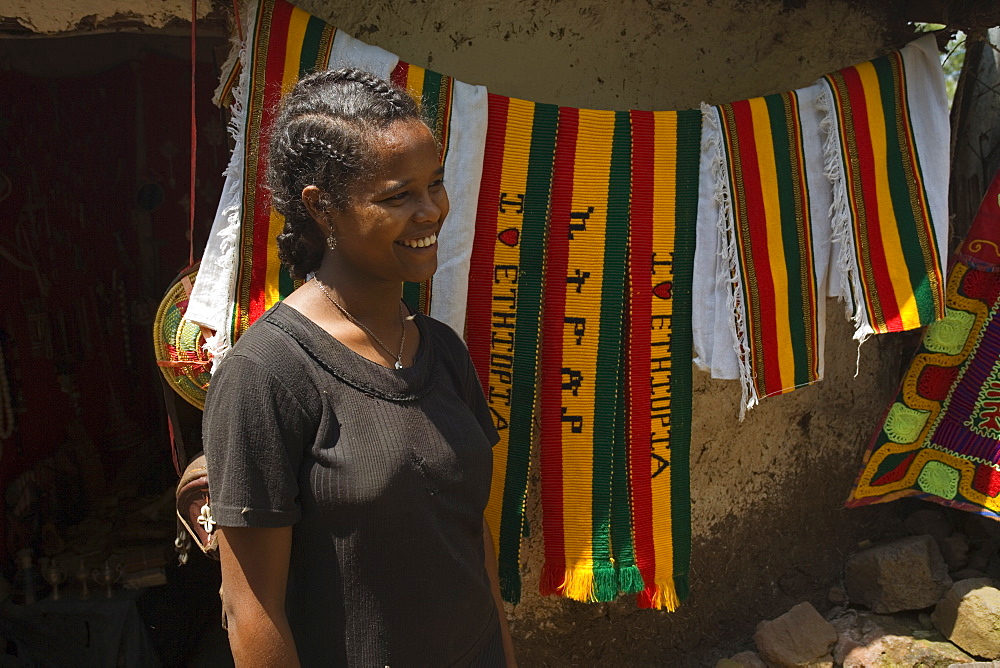 Woman selling colourful Ethiopian souvenirs, Lalibela, Ethiopia, Africa