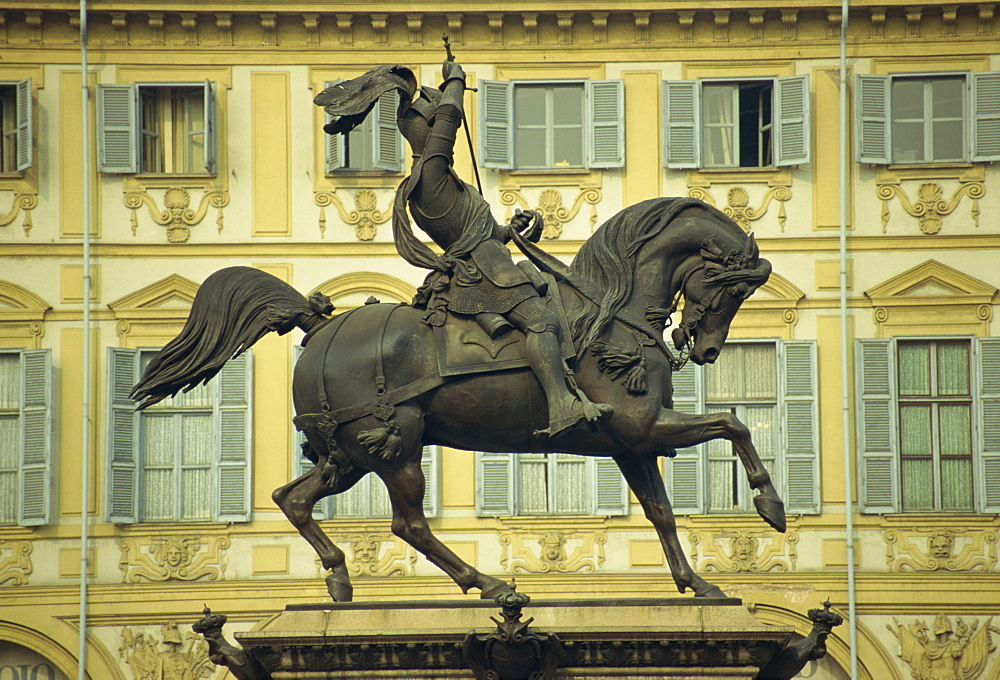 Statue of Emanuele Filiberto of Savoy on horseback in the Piazza San Carlo in the city of Turin, Piedmont, Italy, Europe