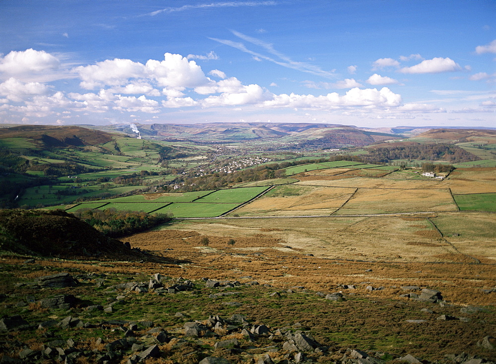 Dale Bottom and Hathersage from Overowler Tor, Peak District National Park, Derbyshire, England, United Kingdom, Europe