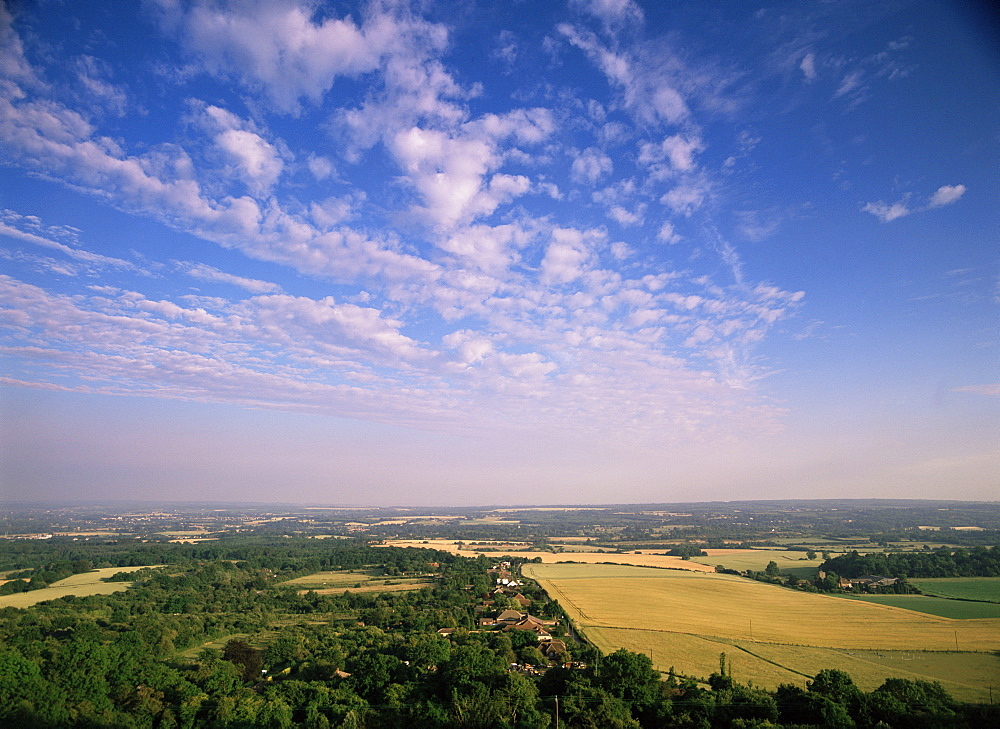 View from Whitehorse Hill on the North Downs near Maidstone, of Trottiscliffe village and the Weald of Kent, Kent, England, United Kingdom, Europe