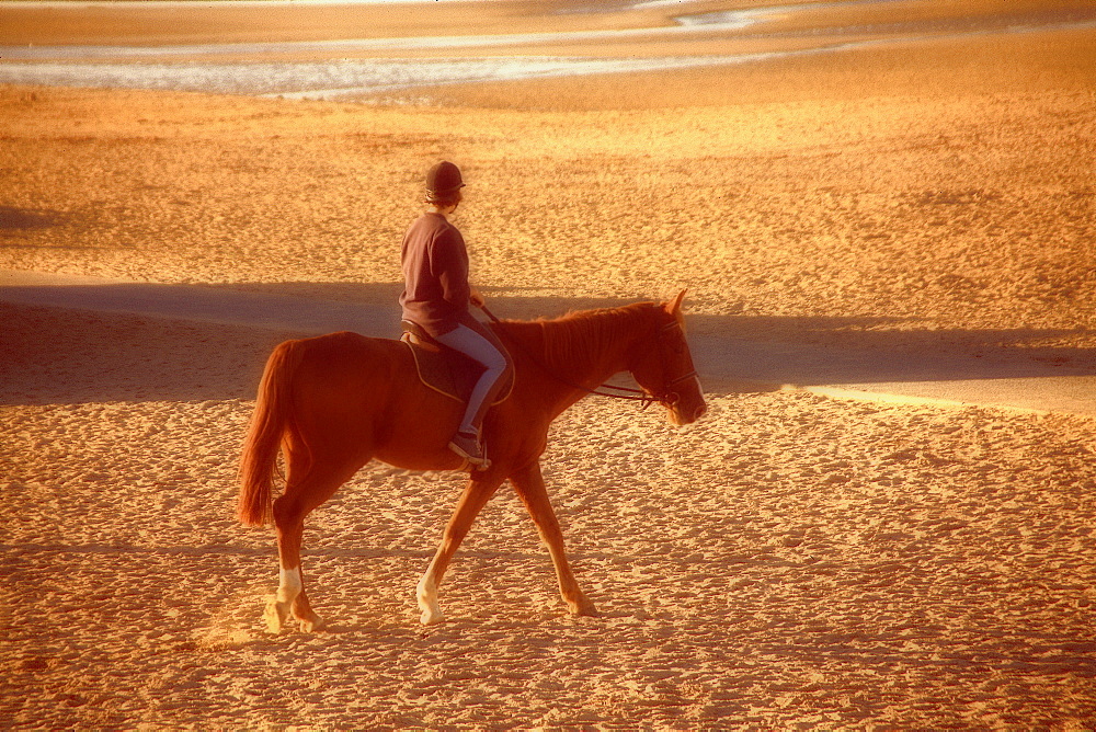 A horse rider on a beach, Riva-Bella (Sword beach in D-Day landings) Ouistrehen, Normandy, France