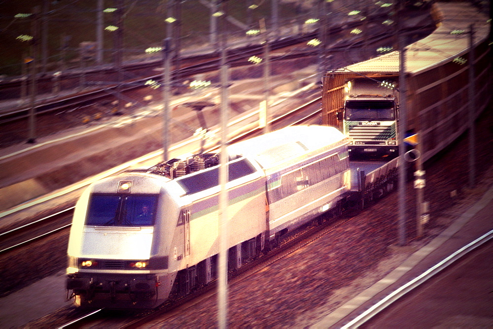 Shuttle with lorries leaving channel tunnel, Sangate, France