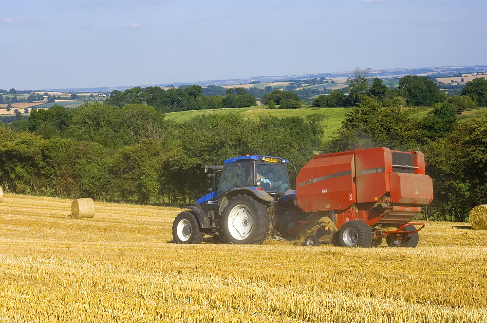 Tractor collecting hay bales at harvest time, seen from the Cotswolds Way footpath, The Coltswolds, Gloucestershire, England, United Kingdom, Europe