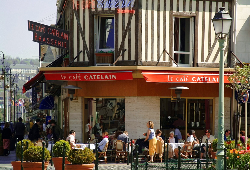 Half-timbered open air cafe, Deauville, Calvados, Normandy, France, Europe