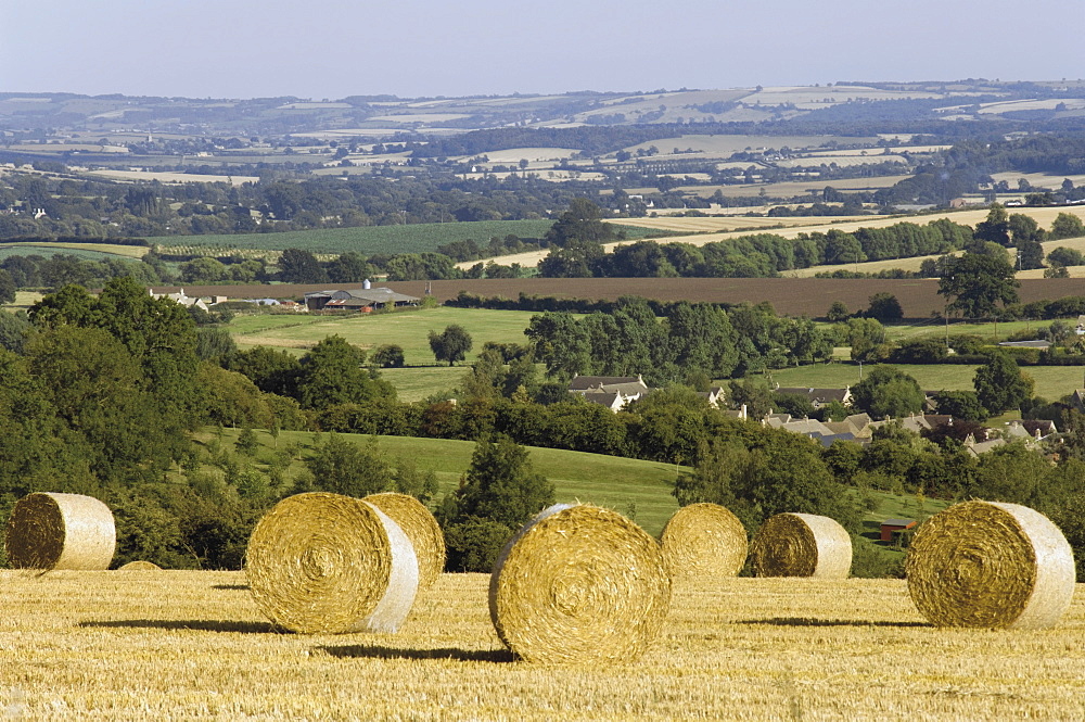 Bales of hay with Chipping Campden beyond, from the Cotswolds Way footpath, The Cotswolds, Gloucestershire, England, United Kingdom, Europe