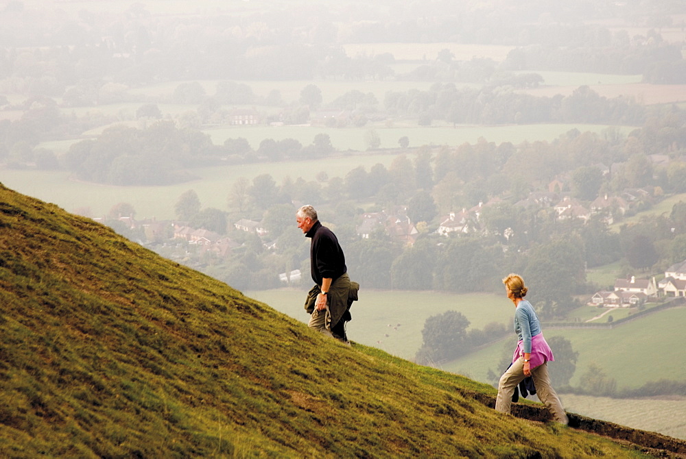 Couple walking, British Camp, Hereford Beacon, Malvern Hills, Herefordshire, Midlands, England, United Kingdom, Europe