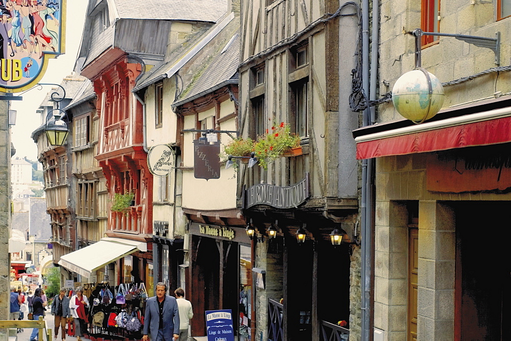 Street with shops and half timbered houses in Old Town, Lannion, Cotes d'Armor, Brittany, France, Europe