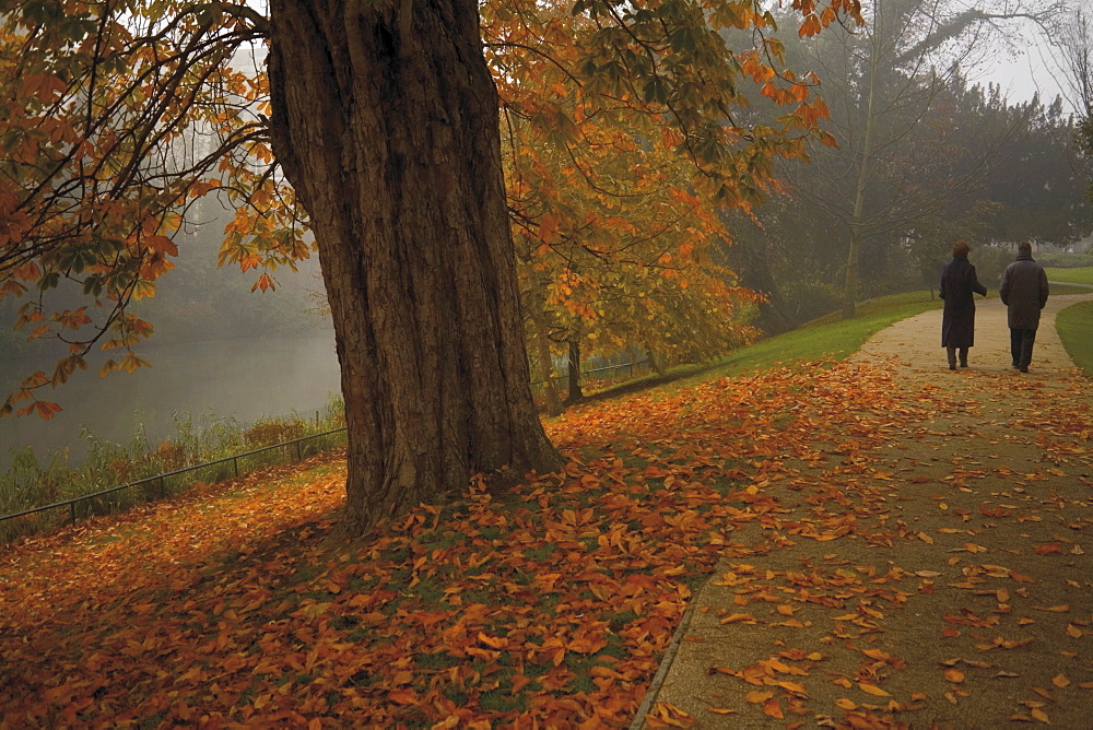 Couple walking through the Jephson Gardens in autumn, Leamington Spa, Warwickshire, Midlands, England, United Kingdom, Europe