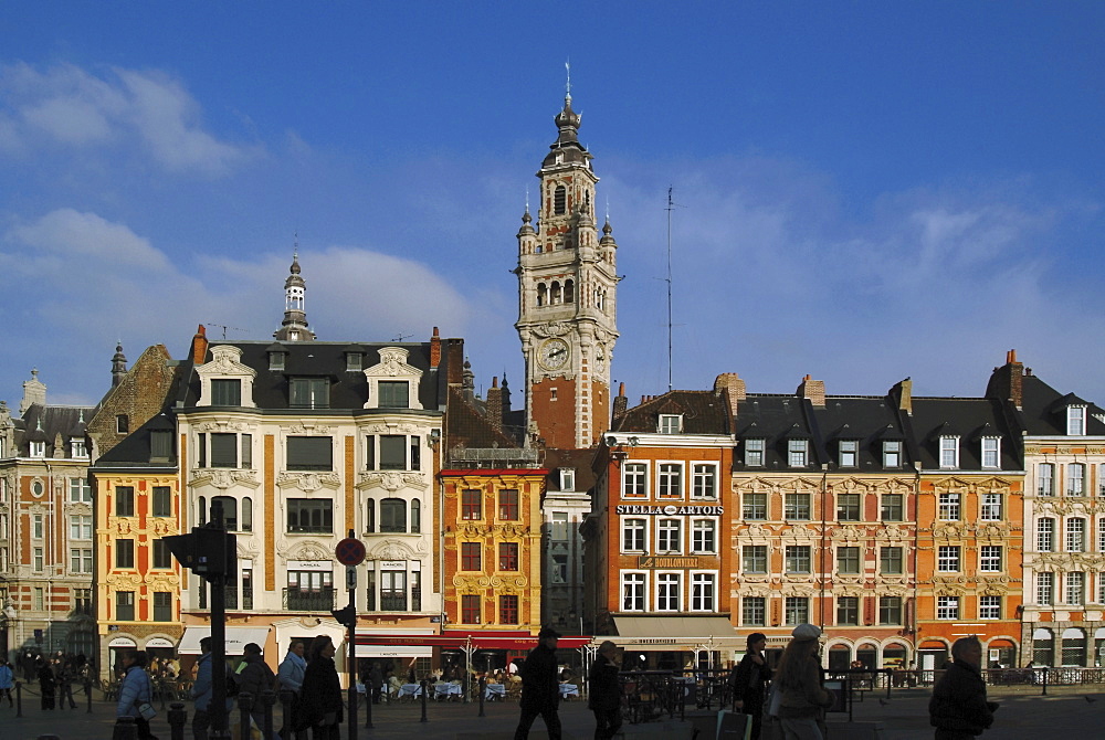 Flemish buildings in the Grand Place (Place du General de Gaulle), with the Nouvelle Bourse (new mint) tower in centre, Lille, Nord, France, Europe