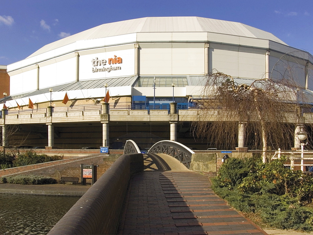 National Indoor Arena from the James Brindley canal side walk, Birmingham Main Line canal, city centre, Birmingham, the Midlands, England, United Kingdom, Europe