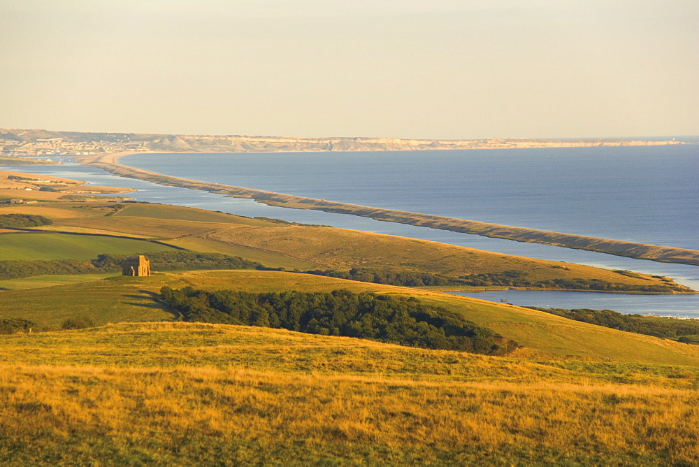 Chesil Beach, Chapel Hill, Abbotsbury with Weymouth and Portland in distance, Dorset, England, United Kingdom, Europe