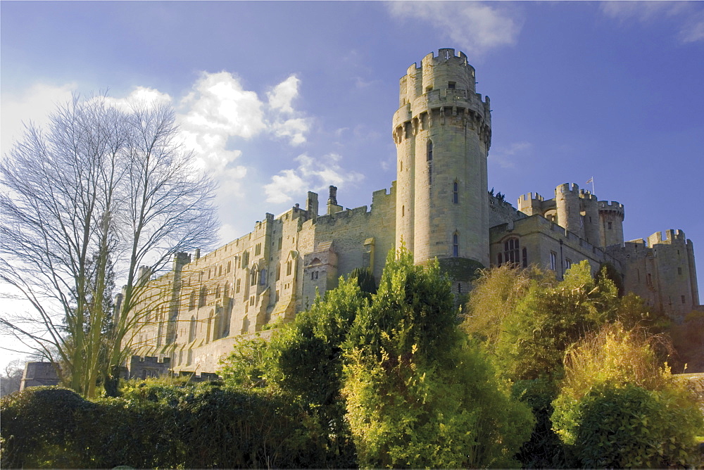 Warwick castle from the mill garden, Warwick, Warwickshire, England, United Kingdom, Europe