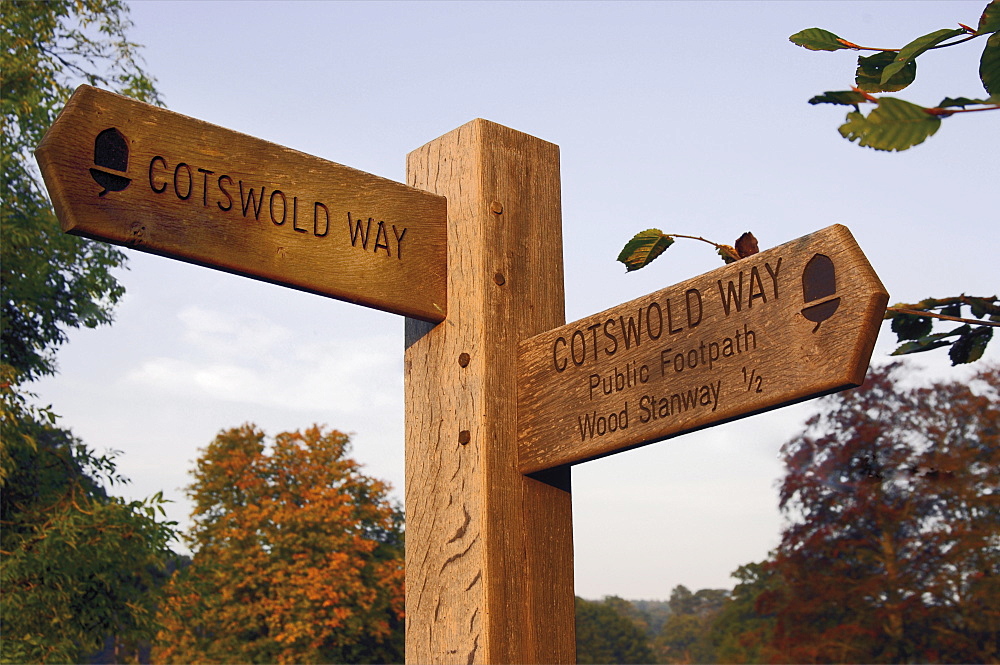 Signpost, Stanway village, Cotswold Way footpath, Cotswolds, Gloucestershire, England, United Kingdom, Europe