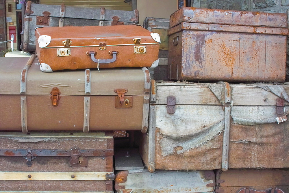 Old luggage on station platform at Bodmin Town station, Bodmin and Wenford Railway, a preserved steam standard gauge railway, Cornwall, England, United Kingdom, Europe