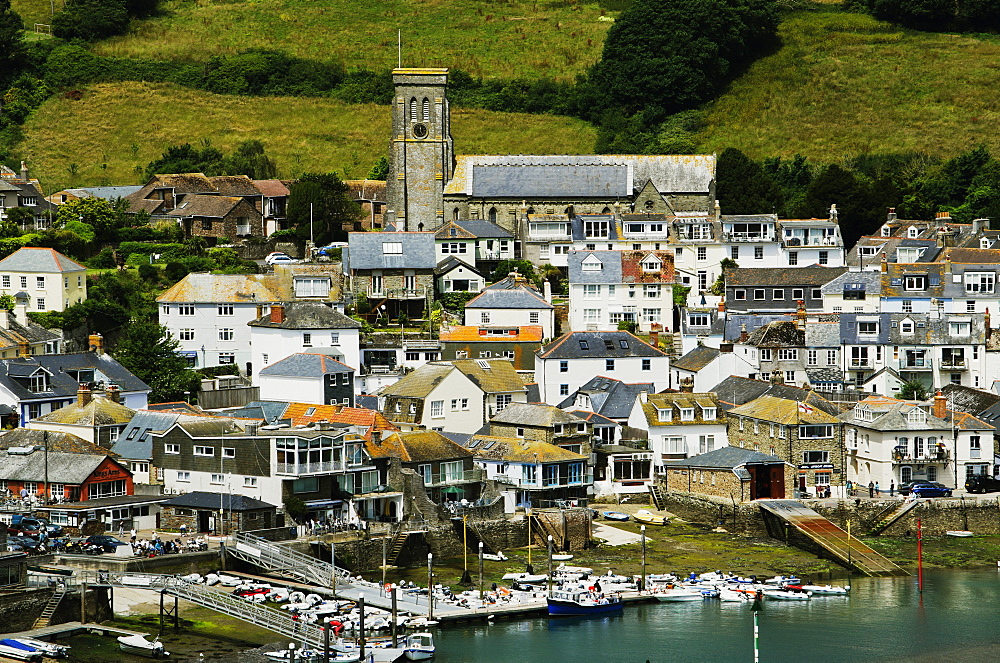 View of the Kingsbridge estuary, with harbour and boatyards, Salcombe, Devon, England, United Kingdom, Europe