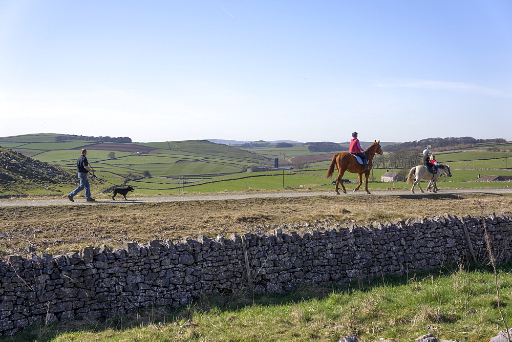 Walkers and horse riders on the High Peak Tissington Trail, Peak District National Park, Derbyshire, England, United Kingdom, Europe