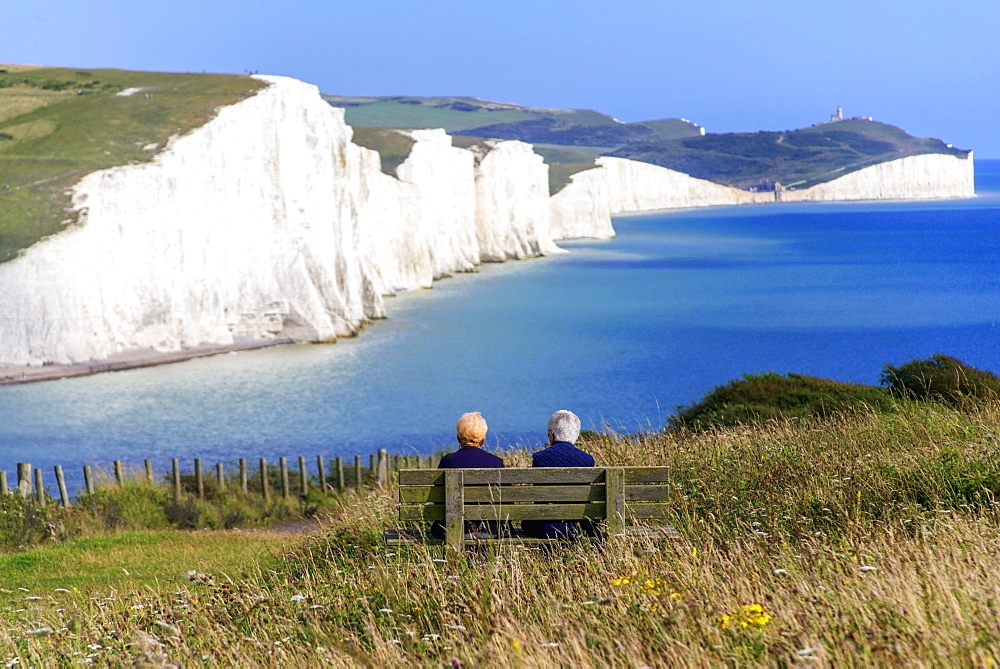 The chalk cliffs of the Seven Sisters from the South Downs Way, South Downs National Park, East Sussex, England, United Kingdom, Europe 