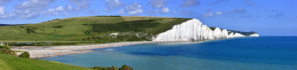 Cuckmere Haven and the Seven Sisters chalk cliffs, from the South Downs Way, East Sussex, England, United Kingdom, Europe 